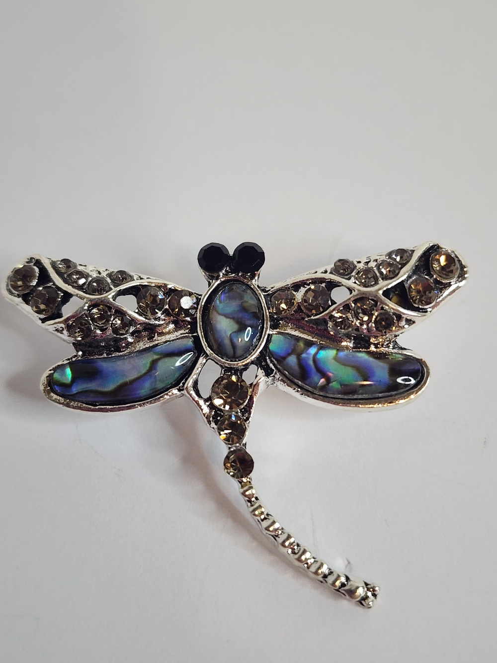 Dragonfly Brooch. Silver Toned  Iridescent Blue Green Wings.  NWOT. 1.5" X 1.75"